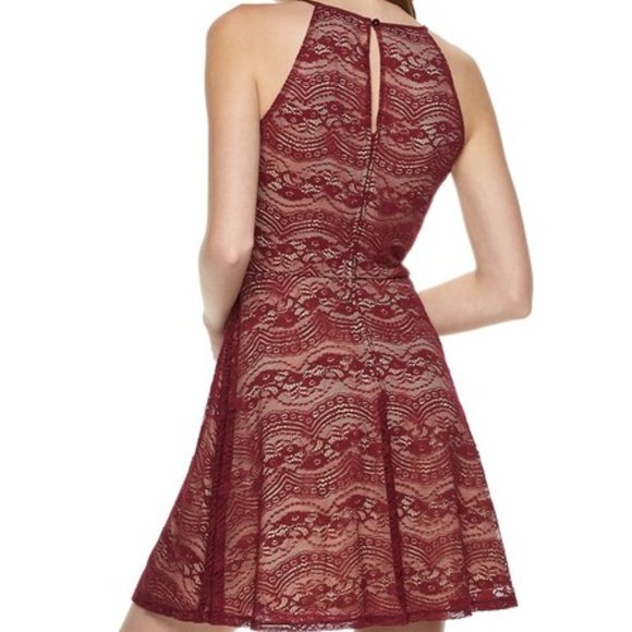 Wine & Nude High Neck Lace Juniors Skater Dress - Picture 2 of 5